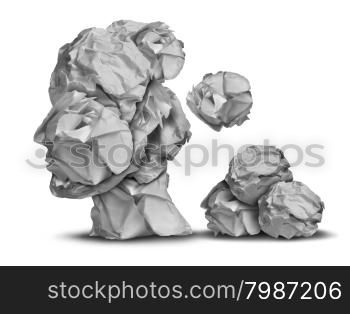 Dementia loss and work stress concept as a group of crumpled office papers falling down shaped as a human head as a symbol for brain problem medical and health care intelligence icon.