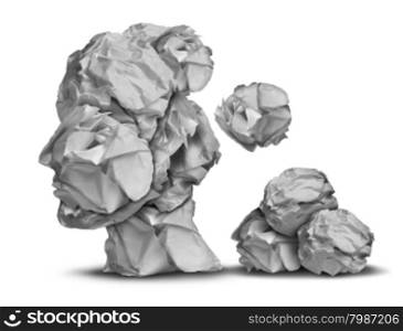 Dementia loss and work stress concept as a group of crumpled office papers falling down shaped as a human head as a symbol for brain problem medical and health care intelligence icon.