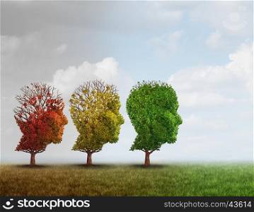 Dementia treatment and Alzheimer brain memory disease therapy concept as old trees recovering as a neurology or psychology cure metaphor with 3D illustration elements.