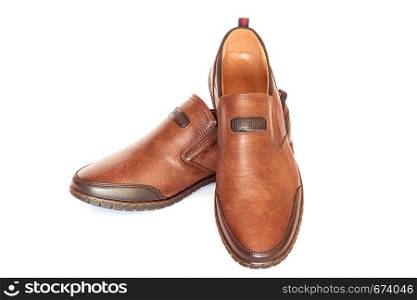Demi-season brown leather male shoes isolated on white background. Demi-season brown leather male shoes