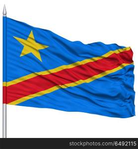 Democratic Republic of Congo Flag on Flagpole , Flying in the Wind, Isolated on White Background