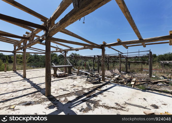 demolished and abandoned open air restaurant terrace