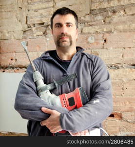 demolition hammer man mason manual worker portrait with mustache