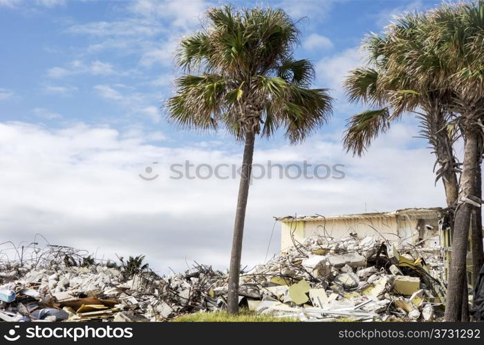 Demolition of a beachfront hotel in Miami Beach paves the way for new development and construction. The debris is piled up for removal.