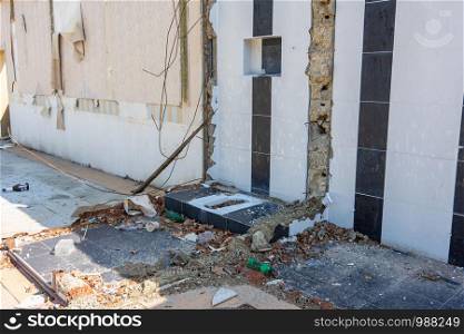 Demolition of the building, disassembled sanitary unit, toilet