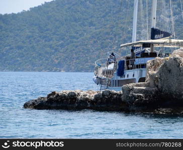 Demre, Turkey - May 21, 2019: The ruins of the city of Mira, Kekova, an ancient megalithic city destroyed by an earthquake.. The ruins of the city of Mira, Kekova
