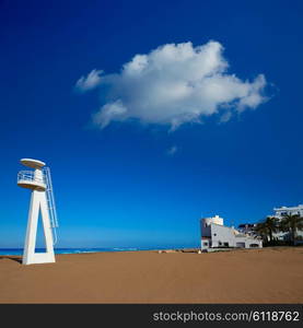 Denia beach Las Marinas baywatch tower in El Moli Alicante of Spain