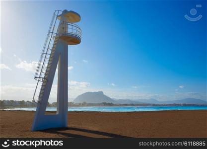 Denia beach Las Marinas baywatch tower in Mediterranean Alicante of Spain