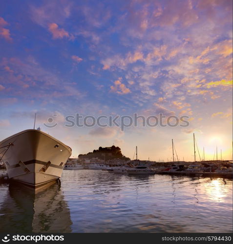 Denia port sunset dusk in marina at Alicante Mediterranean Spain