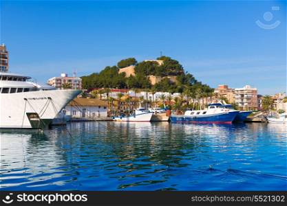 Denia Port with castle hill and yacht in Alicante province Spain
