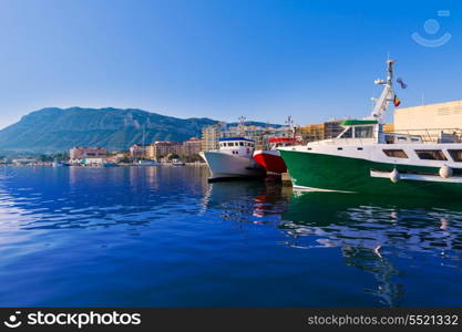 Denia Port with Montgo mountain fisherboats in Alicante province Spain