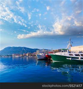 Denia Port with Montgo mountain fisherboats in Alicante province Spain