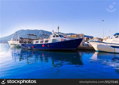 Denia Port with Montgo mountain fisherboats in Alicante province Spain