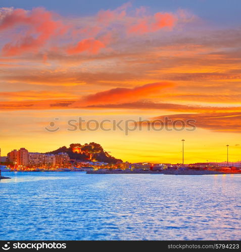 Denia sunset village skyline at dusk in Alicante at spain