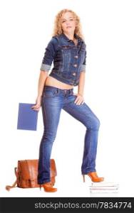 Denim fashion and education. Full length college university student girl with bag books, casual woman in stylish blue jeans pants and jacket high heels. Isolated on white background
