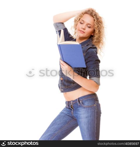 Denim fashion and education. Happy college university student girl reading book, casual woman in stylish blue jeans pants and jacket. Isolated on white background