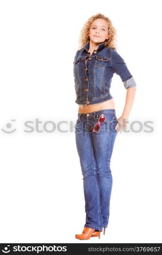 Denim fashion. Full length blonde girl casual young woman in stylish blue jeans pants and jacket high heels isolated on white background