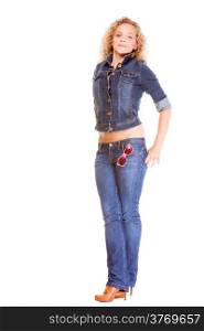 Denim fashion. Full length blonde girl casual young woman in stylish blue jeans pants and jacket high heels isolated on white background