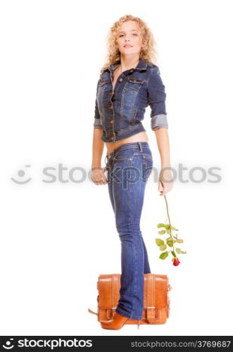 Denim fashion. Full length college university student girl with bag and red rose, casual woman in stylish blue jeans pants and jacket high heels. Isolated on white background