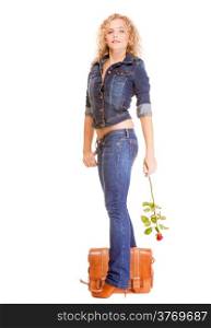 Denim fashion. Full length college university student girl with bag and red rose, casual woman in stylish blue jeans pants and jacket high heels. Isolated on white background