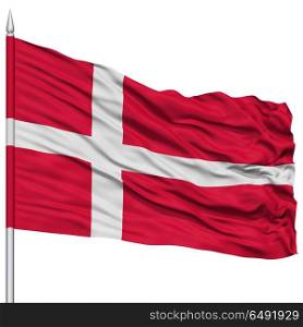 Denmark Flag on Flagpole , Flying in the Wind, Isolated on White Background