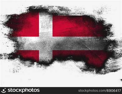 Denmark flag painted with brush on white background, 3D rendering. Brown wooden texture.
