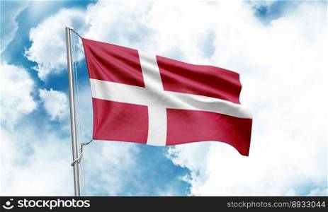 Denmark flag waving on sky background. 3D Rendering