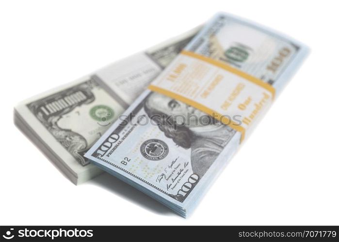 Denomination in one million dollars bills with tape isolated on white background. Denomination in one million and one hundred dollars bills with tape