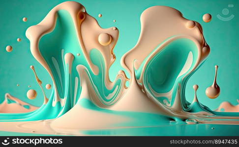 Dense liquid of mixed colors splashing and forming droplets on a color background. Illustration for wallpaper. Generative AI