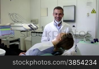 Dental care and hygiene, portrait of adult caucasian dentist at work and smiling at camera with customer sitting on exam chair. Sequence