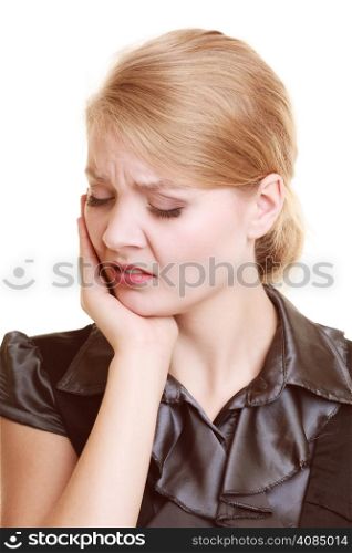 Dental care and toothache. Young woman worried girl suffering from tooth pain isolated on white.