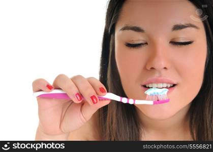 dental care concept with beautiful smilling young woman and tooth brush