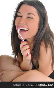 dental care concept with beautiful smilling young woman and tooth brush