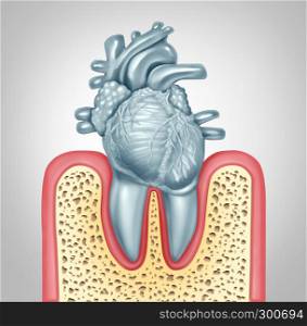 Dental care or oral health and heart disease hygiene concept caused by tooth plaque and gum infection due to mouth bacteria damaging the valves as teeth shaped as a cardiovascular organ as a 3D illustration.