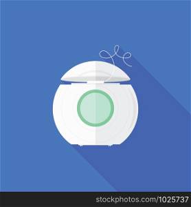 Dental Floss Icon on Blue Background. Tooth Care. White Plastic Box with Green Label for Flossing Teeth. Oral Hygiene Symbol. Medical String for Correctly Gentle Cleaning of Oral Cavity. Dental Floss Icon. Tooth Care. Oral Hygiene Symbol. Medical String for Correctly Gentle Cleaning of Oral Cavity