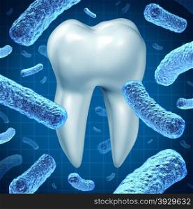 Dental hygiene as an oral health symbol with a single molar and a group of three dimensional bacteria causing tooth disease destroying enamel resulting in cavities and gum disease on a white background.