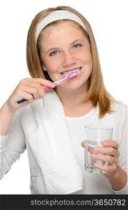 Dental hygiene brushing teeth young girl toothbrush glass water