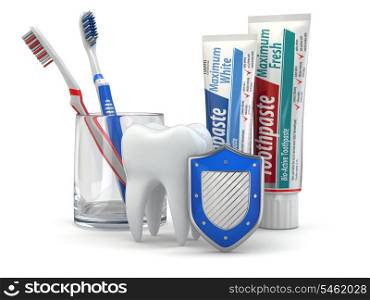 Dental protection, Tooth, shield, toothpaste and toothbrushes. 3d
