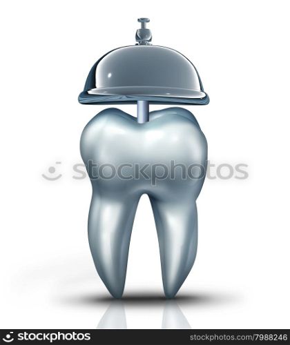 Dental service symbol and dentist services concept as a human molar tooth with a tooth and a service bell as an icon for dentistry health isurance and professional teeth chekup for oral health and hygiene.