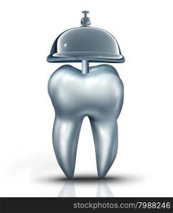 Dental service symbol and dentist services concept as a human molar tooth with a tooth and a service bell as an icon for dentistry health isurance and professional teeth chekup for oral health and hygiene.