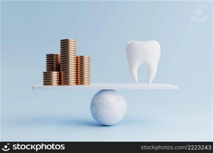 Dental tooth and golden coin on balancing scale on blue background. Health care and financial concept. Money-saving and cash flow theme. 3D illustration rendering