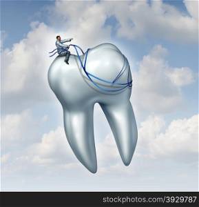 Dentist advice for dental health care and teeth checkup medical concept with a doctor in uniform riding and guiging a human tooth with a harness as a metaphor for dentistry success.