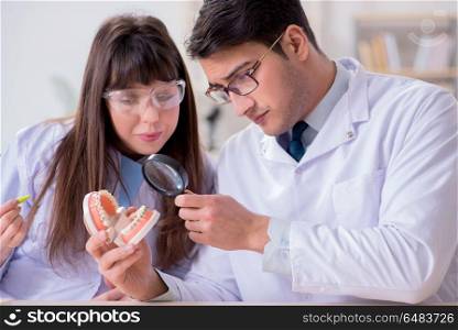 Dentist explaining student tooth structure