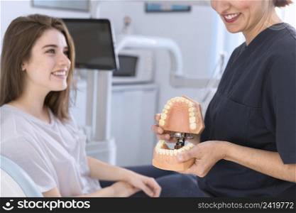 dentist showing teeth model smiling patient