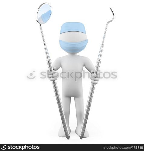 Dentist standing with mouth mirror and periodontal scaler. Rendered at high resolution on a white background with diffuse shadows.