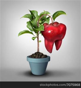 Dentistry and tooth growth or dentist oral medicine health care symbol as a groeing apple tree with a fruit shaped as a molar teeth icon as a dental hygiene and orthodontics metaphor with 3D illustration elements.