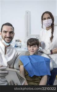 Dentists and patient ready for exam while looking camera