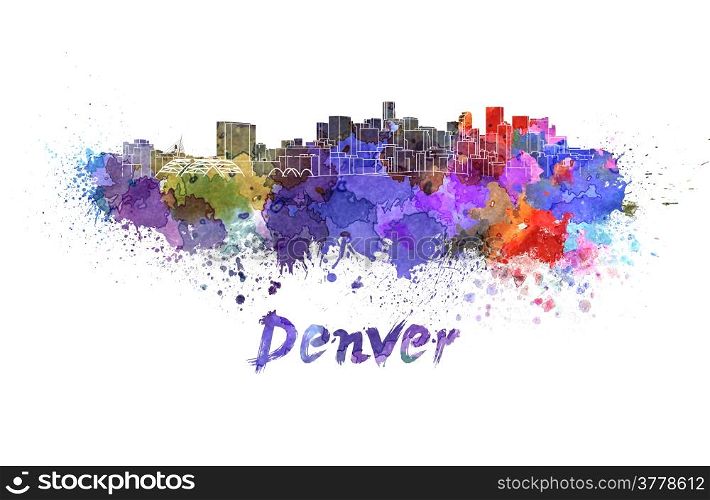 Denver skyline in watercolor splatters with clipping path. Denver skyline in watercolor