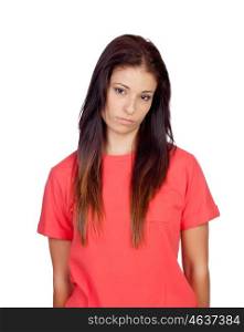 Depressed brunette girl dressed in red isolated on a white background