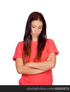 Depressed brunette girl dressed in red isolated on a white background